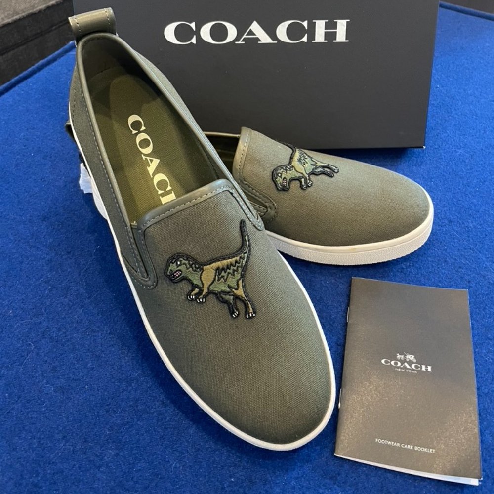Coach Olive Green Canvas Slip-On Loafers with Dinosaur Patch